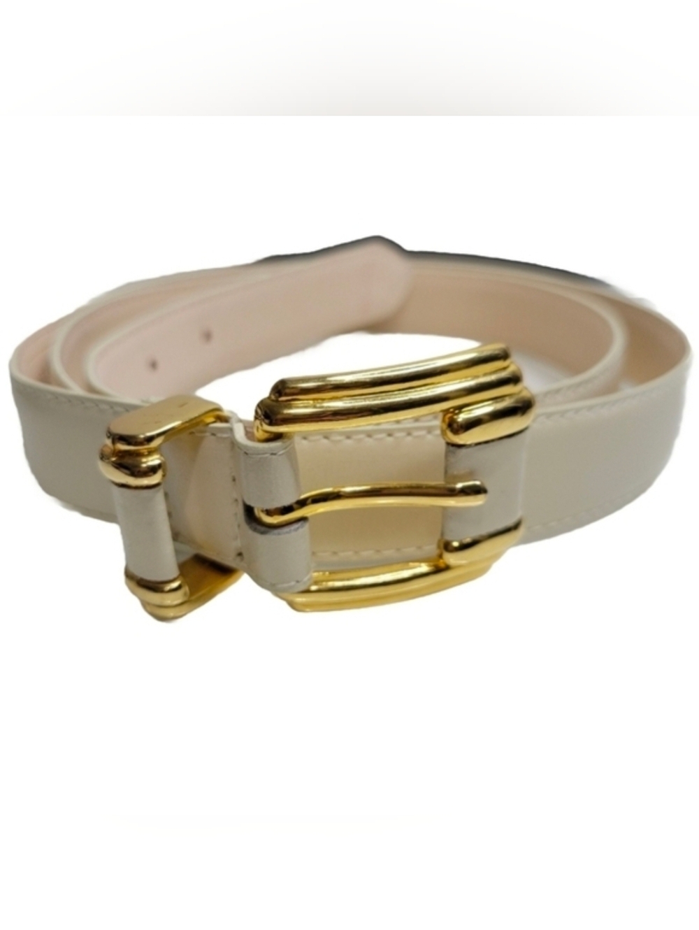 Liz Baker Leather Belt Ivory Cream Gold Buckle 1" Wide